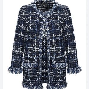 MINKAS Blue Plaid Fringed Tweed Knit Long Cardigan Jacket Coatigan Preppy Size S